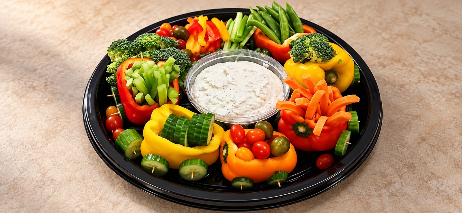 A colorful vegetable platter on a decorated table